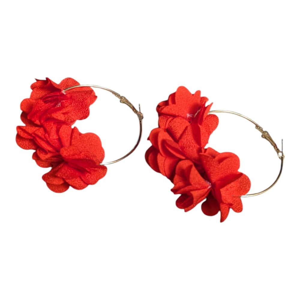 Red Flower Hoop Earrings Gold Tone Statement Floral Earrings - Picture 2 of 4